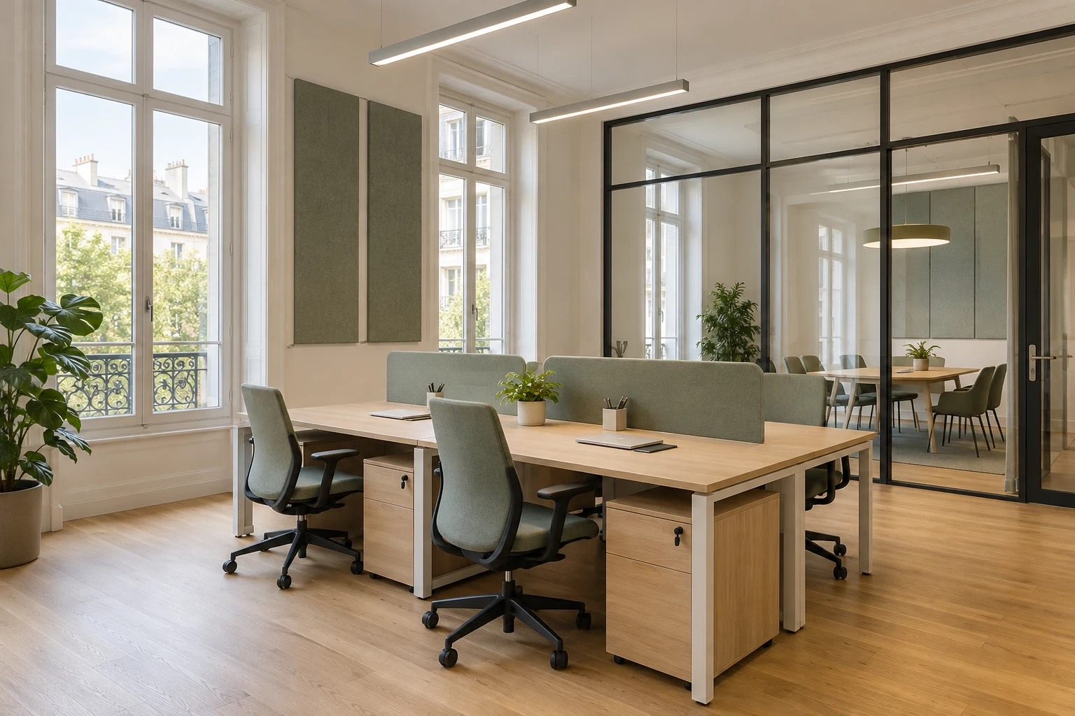 Vue d’ambiance de bureaux lumineux avec cloisons vitrées et mobilier en bois clair — image d’illustration.