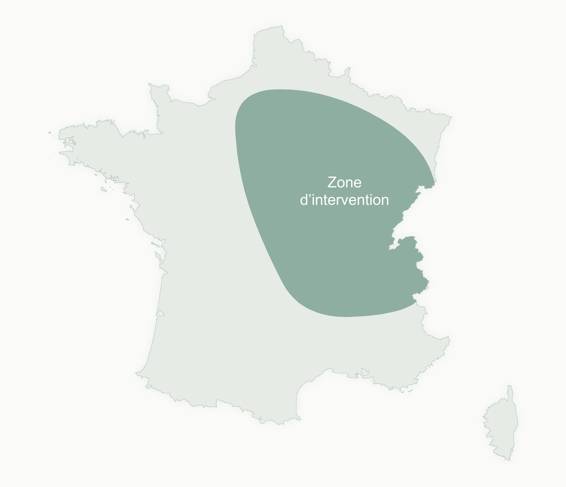 Carte de France avec un secteur d’intervention élargi en vert, de l’Île-de-France à la Bourgogne-Franche-Comté et à la région lyonnaise et alpine. Périmètre indicatif.