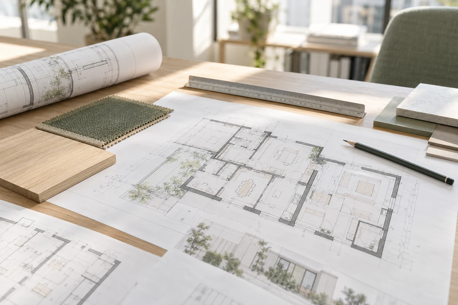 Plans d’aménagement et échantillons de matériaux sur une table de travail — image d’illustration.